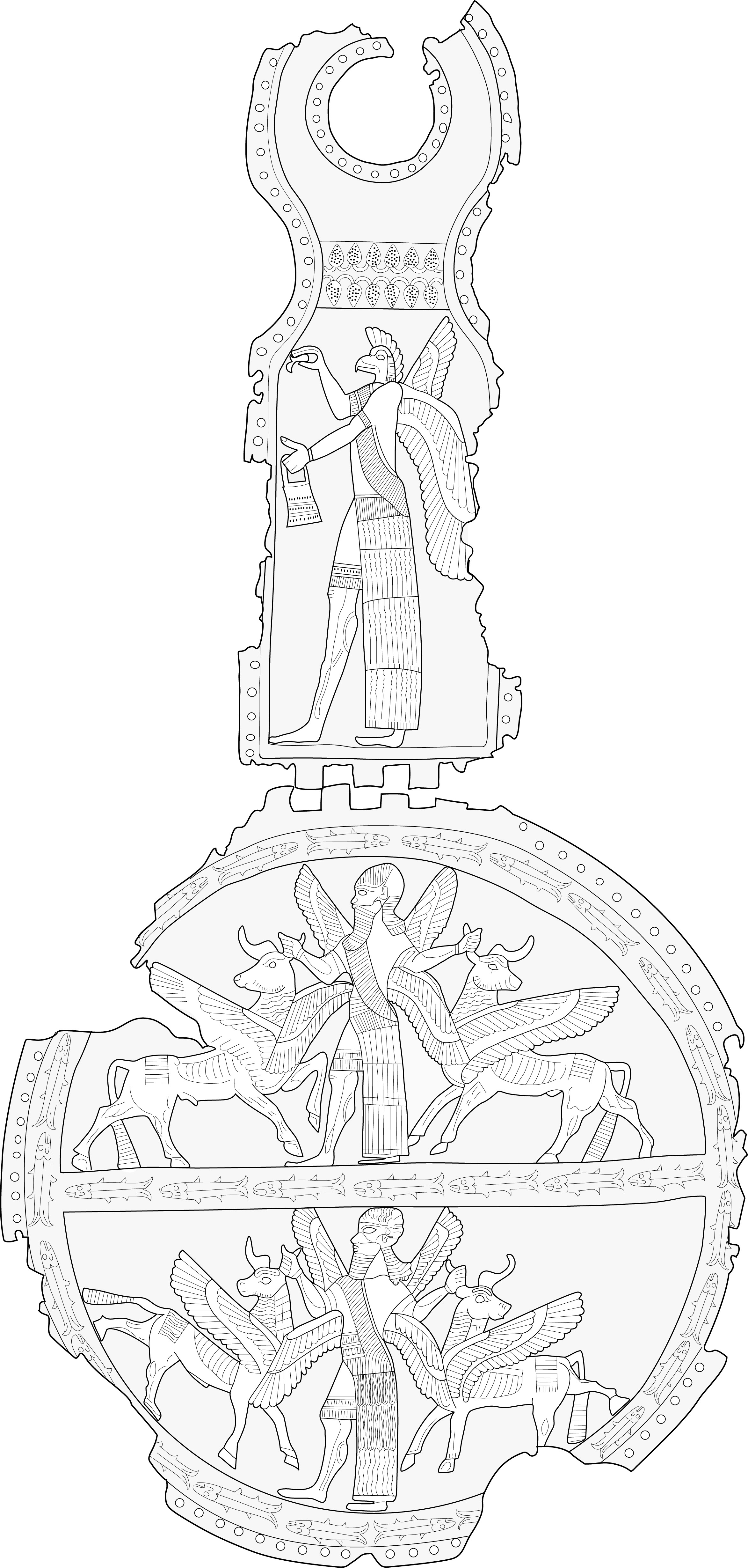 Neo-Assyrian Bronze Horse Trapping with Eagle-Headed God Nisroch and Winged Supernatural Figures